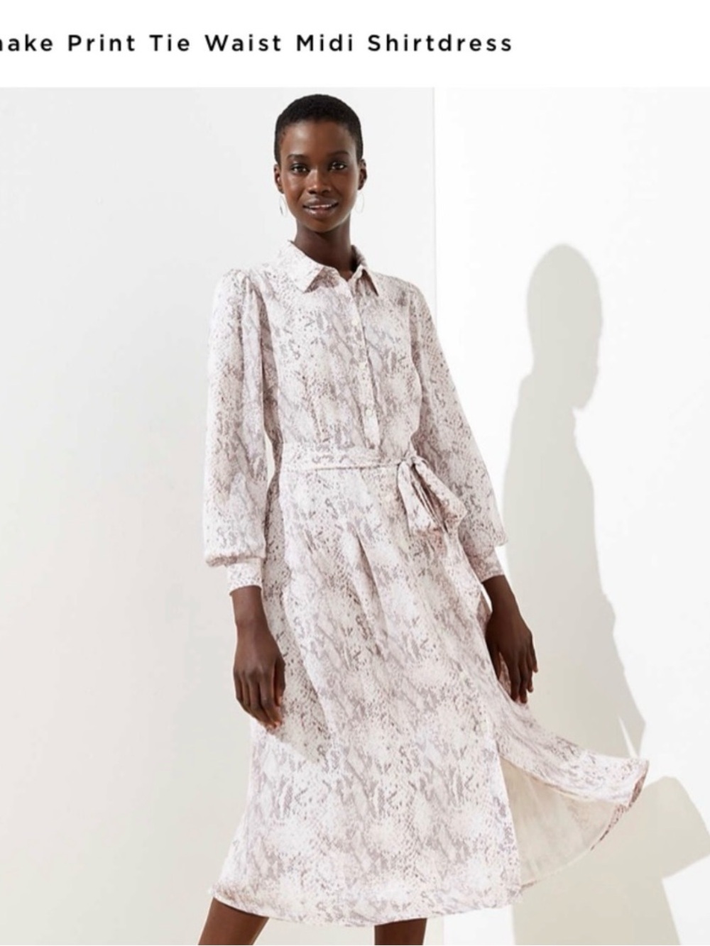 LOFT Snake Print Tie-Waist Midi Shirtdress - Beige/Pink